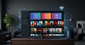 IPTV on Smart TV setup with a streaming app and Wi-Fi connection